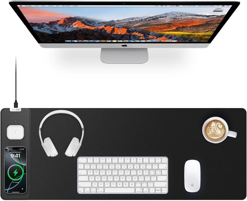 abc.mat Magnetic Wireless Charging Mouse Pad, 27.5"x11.8" Gaming Desk Mat with Superior Stitched Edges, Non-Slip Base, Waterproof Smooth Desk Writing Pad for Gamer, Office & Home, Black - Image 1
